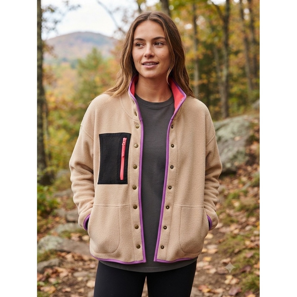 VTG Wild Fable Camel‎ Fleece Jacket Purple Binding Snap Closure Size Small